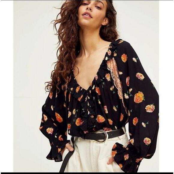 Free People Women's Poppy Floral Print‎ Lace Bodysuit Size Medium Black - Picture 2 of 16